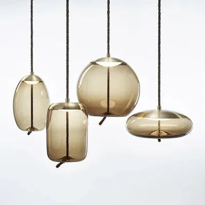 Glass chandelier with twine design, 30cm by 30.5cm, LED warm light, 220V, in amber, water blue, or smoke grey.
