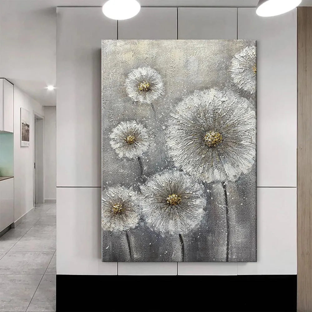 Hand painted white flower plant oil painting on grey canvas, large vertical unframed wall art