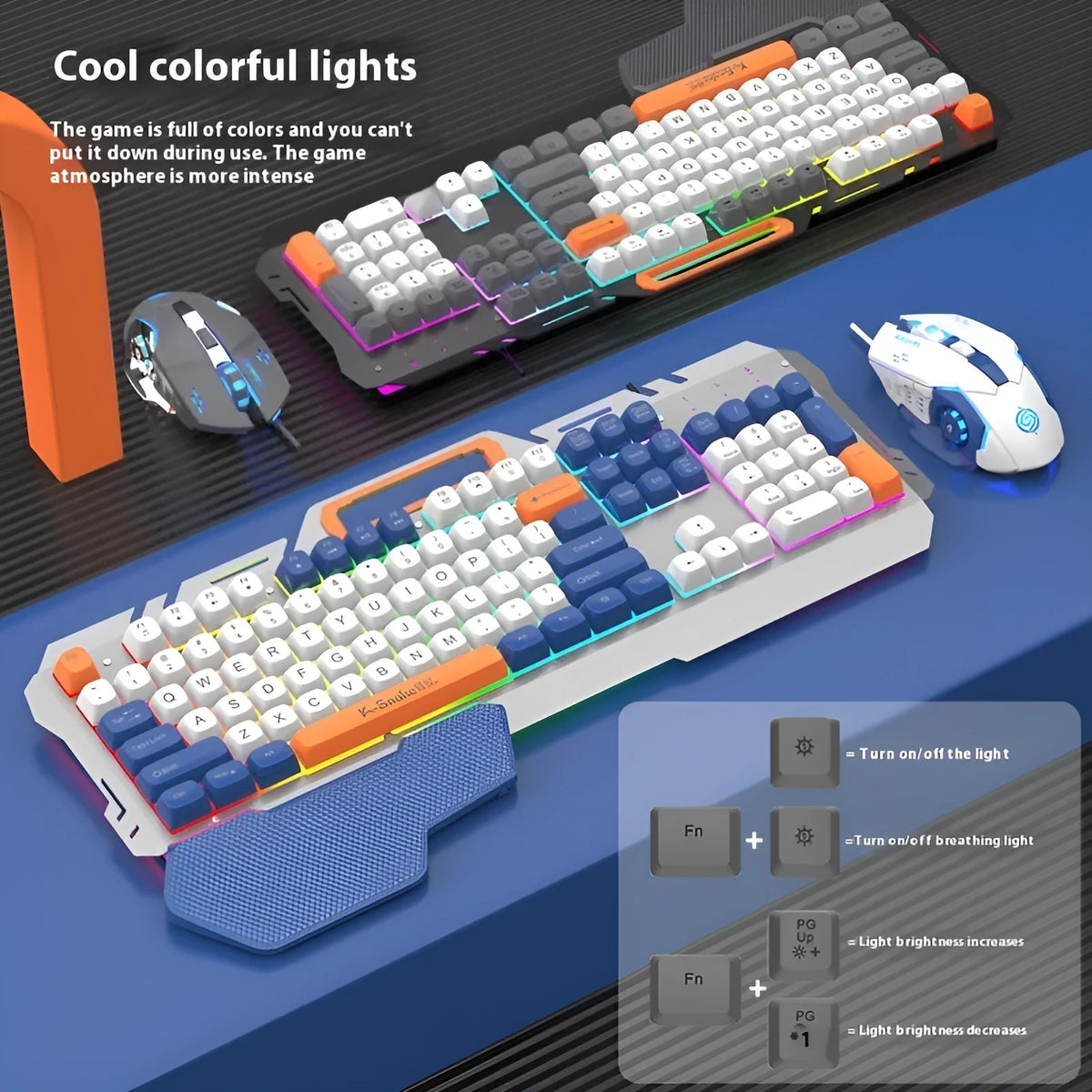 Blue wired gaming keyboard and mouse combo with backlit keys on dark surface
