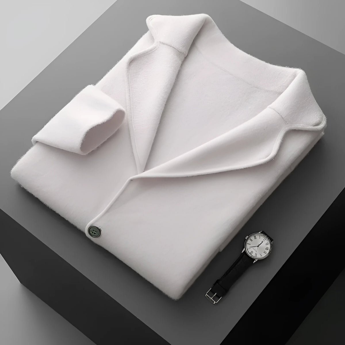 Men's cashmere lapel collar cardigan jacket in light gray colour showing loose fit and knitted texture