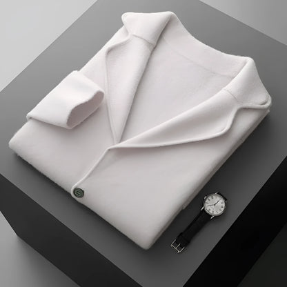 Men's cashmere lapel collar cardigan jacket in light gray colour showing loose fit and knitted texture