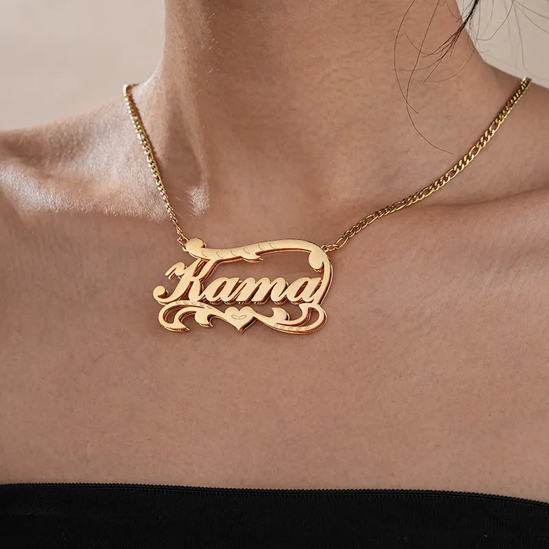 Customised stainless steel necklace with double-layer wave heart pendant and engraved text