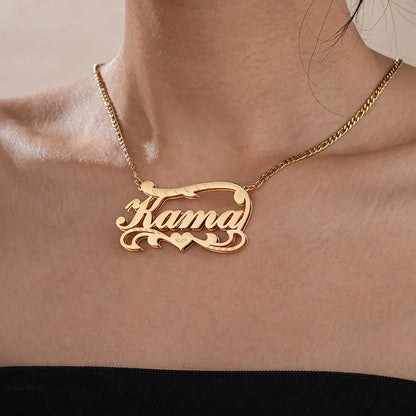 Customised stainless steel necklace with double-layer wave heart pendant and engraved text