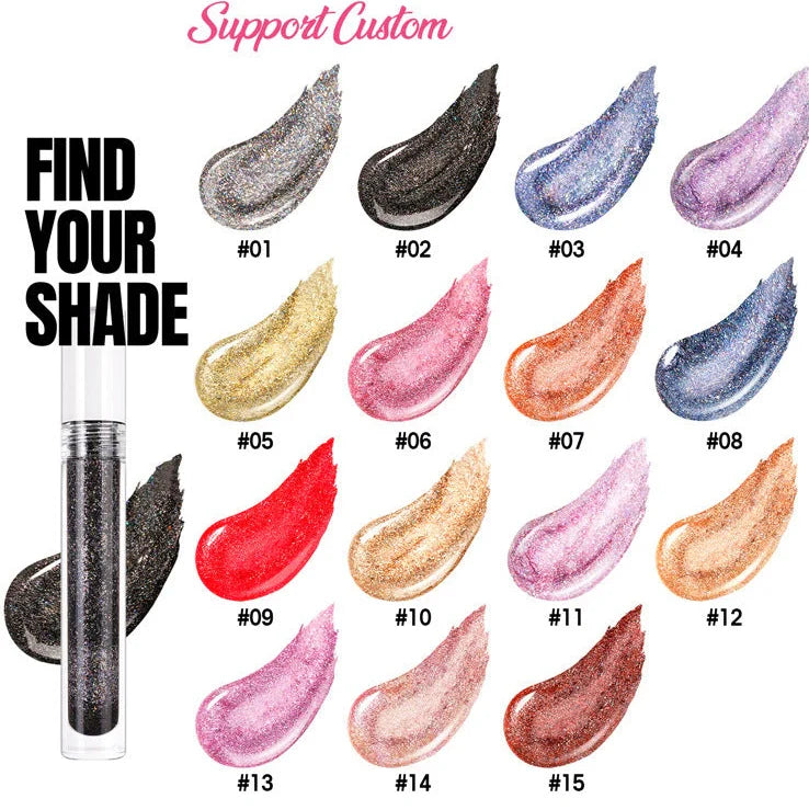 15 Colour Laser Lip Lacquer tubes showing waterproof formula with laser powder technology