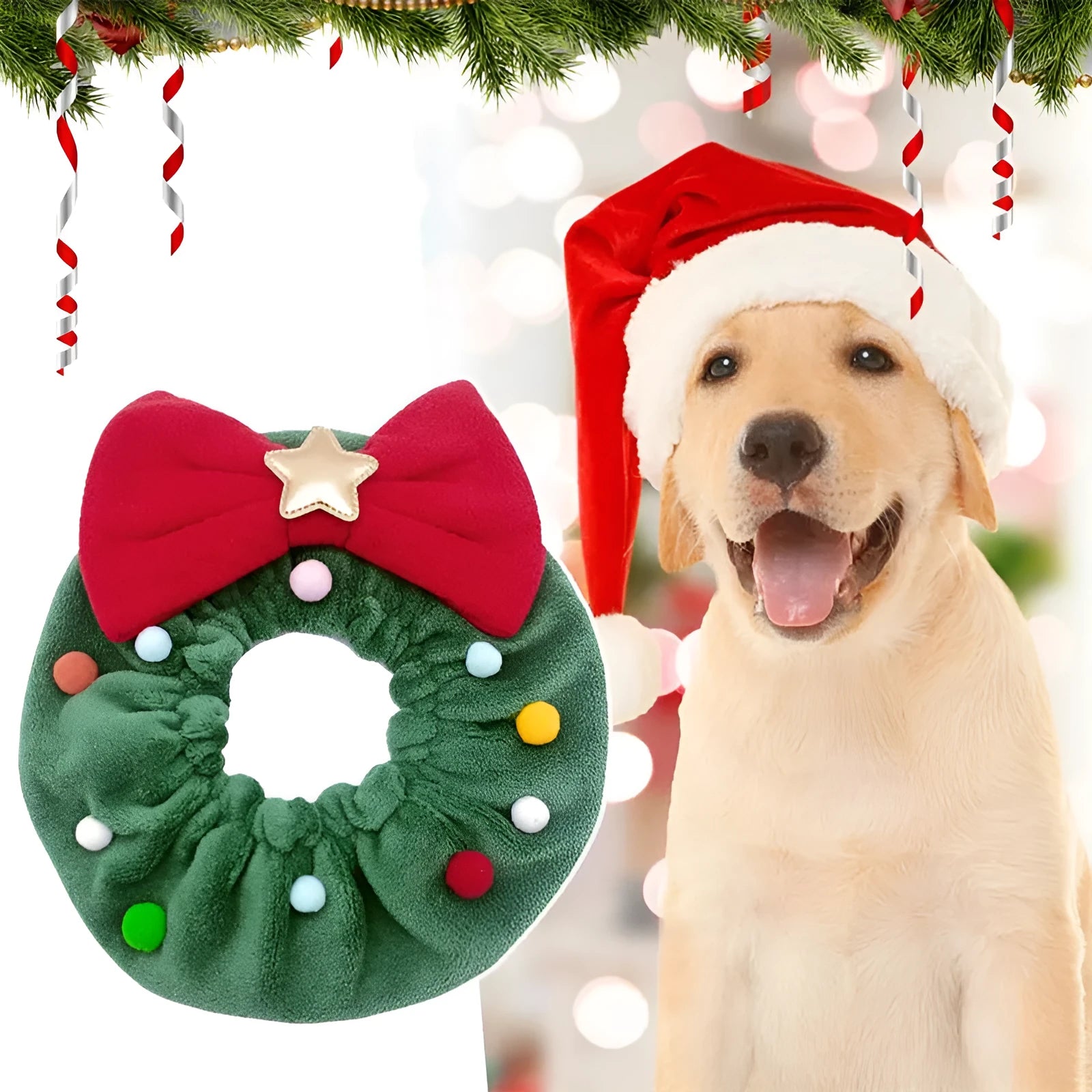 Red bow-knot Christmas pet scarf with colourful fuzzy balls on a dog, showing floral pattern and adjustable fit.