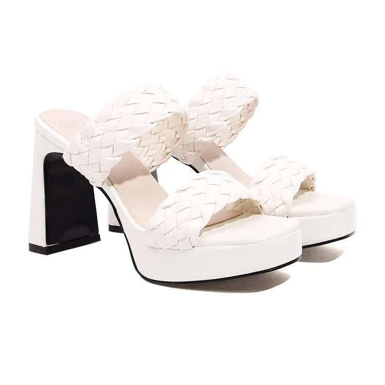 White or black PU platform chunky high heel sandals with open toe and woven foot detail, sizes 35-43