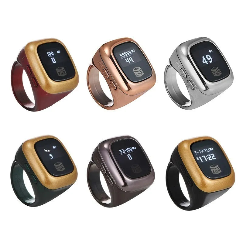 Al-Fatiha black digital wrist counter with display screen showing numbers, on a wrist.