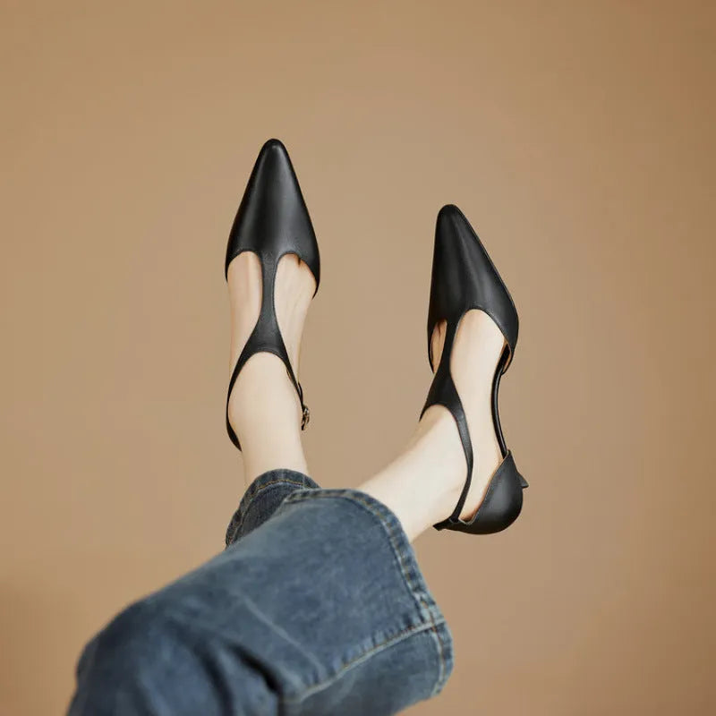 Women's black and brown cowhide leather high heels with pointed toe design