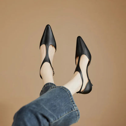 Women's black and brown cowhide leather high heels with pointed toe design