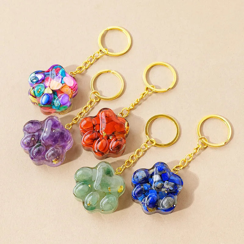 Natural crystal cat's paw keychain pendant with metal keyring in various gemstone colours