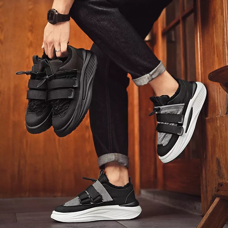 Men's black and grey striped platform sneakers with PVC sole
