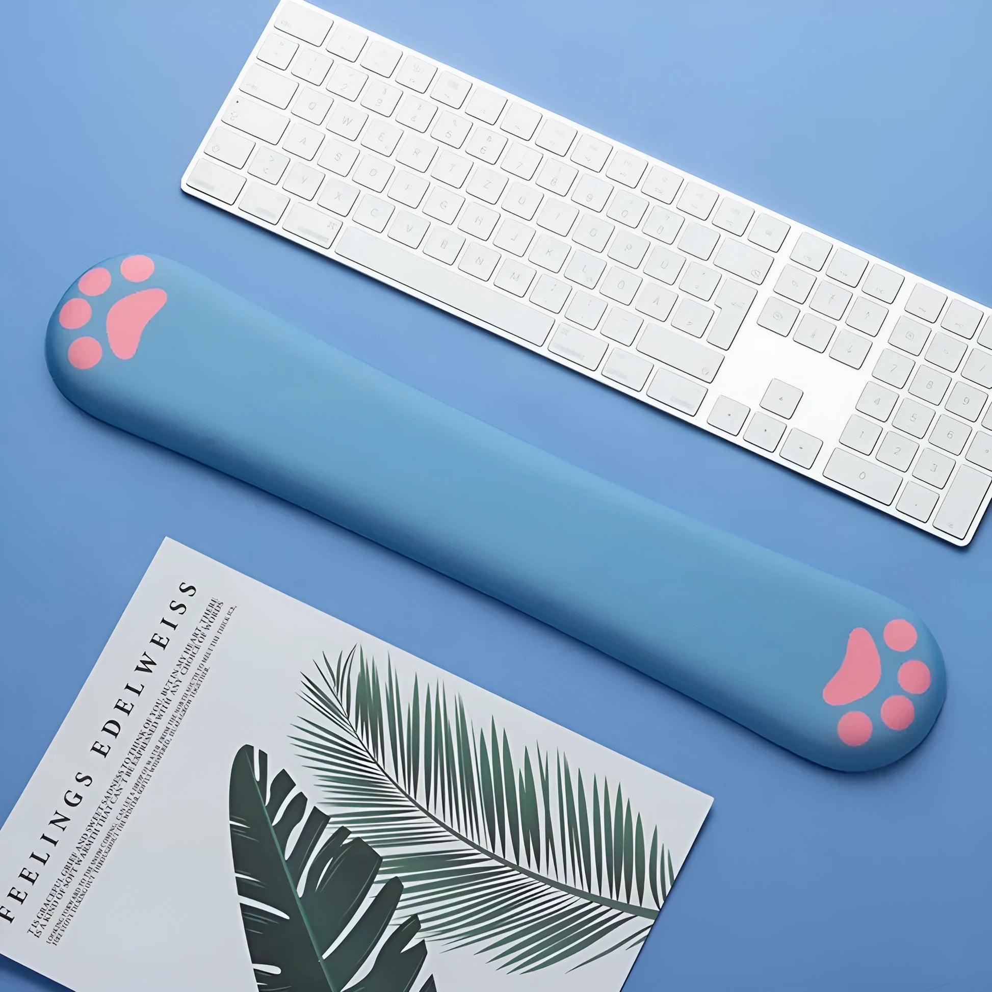 Memory foam keyboard wrist rest pad in six colours showing 46cm width and cloth surface