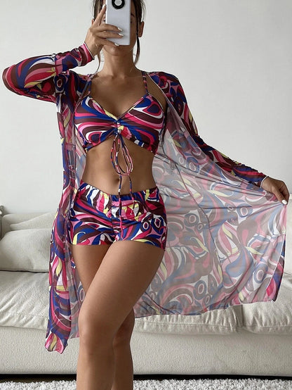 3-piece Pring bikini set with long sleeve cardigan in floral pattern