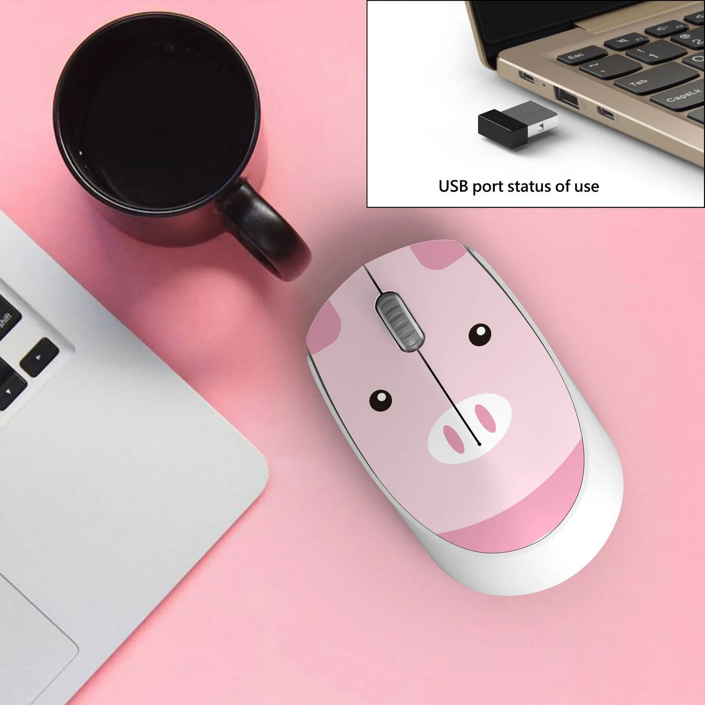 Wireless cartoon animal mini mouse showing compact dimensions and colourful design options including yellow tiger and blue rabbit variations