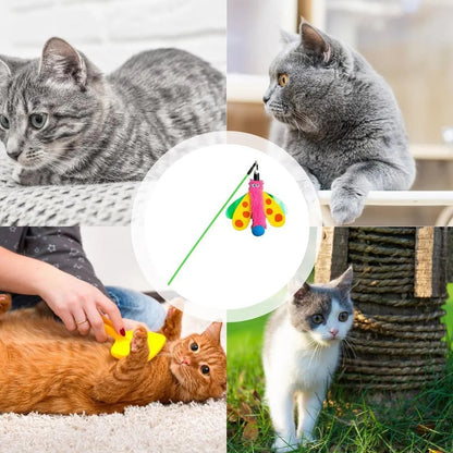 Cat wand toy with dragonfly attachment and bell on 49 cm blue ABS stick