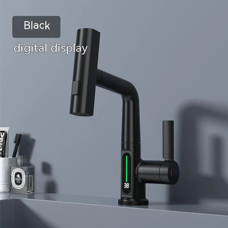 Sleek digital faucet with temperature display, 360° rotation, and pull-out hose for modern kitchen and bathroom needs