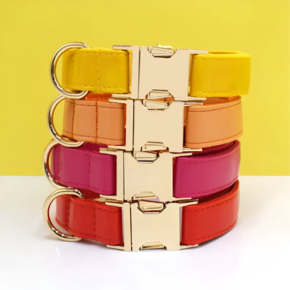 Simple colour-block velvet detail on a leather dog collar shown in caramel colour.