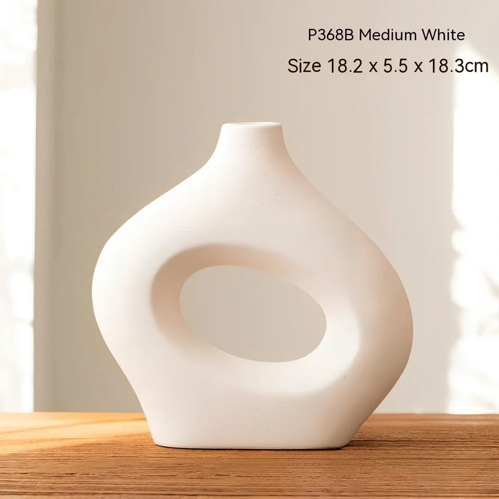 Handmade white medium ceramic circle vase second generation, 18.2cm height with polished glaze for modern decor