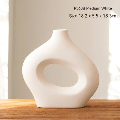 Handmade white medium ceramic circle vase second generation, 18.2cm height with polished glaze for modern decor