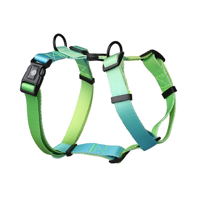 Gradient colour dog harness with chest and back straps in purple, blue, neon or green designs