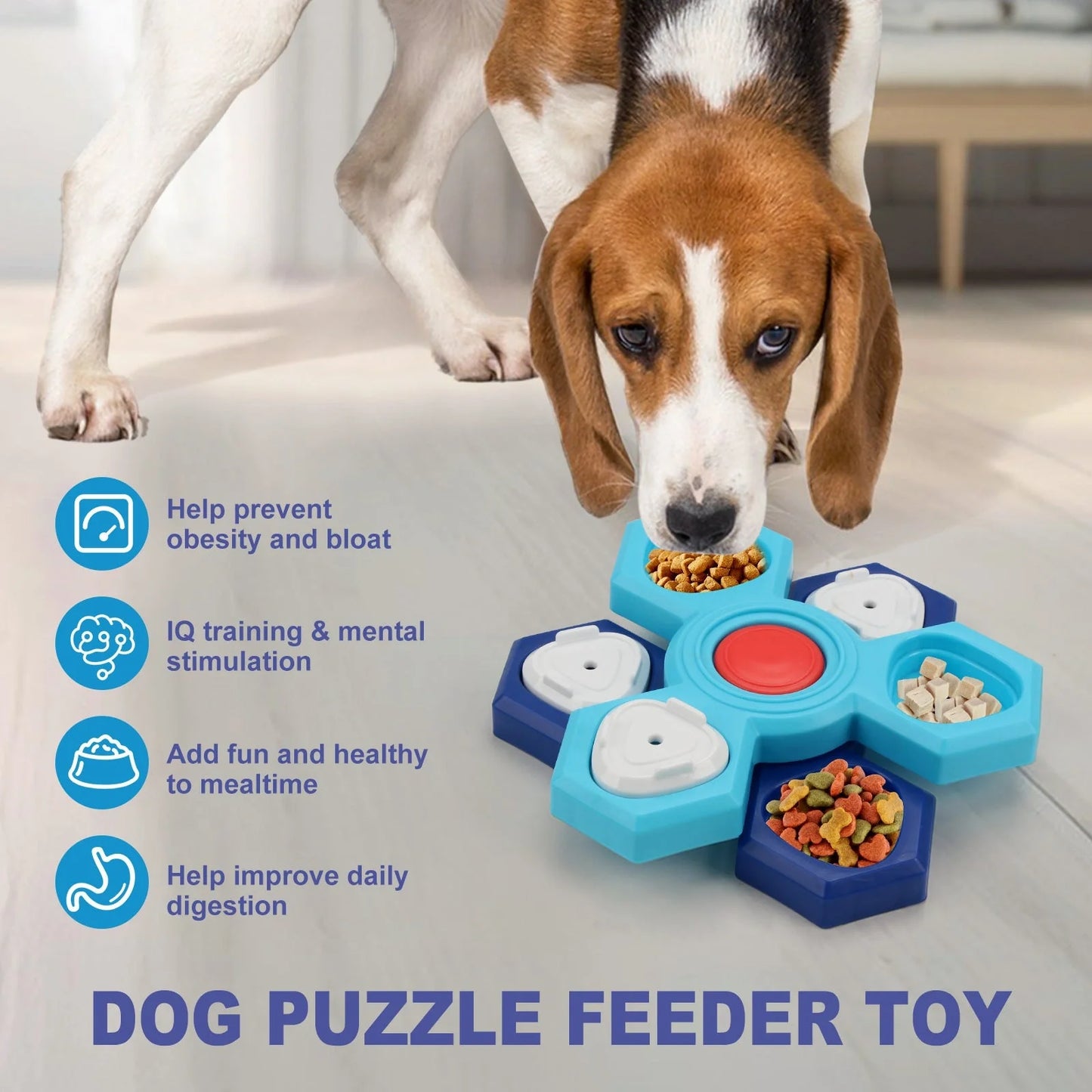 Blue 4-layer slow feeder puzzle dog bowl for mental stimulation and digestion