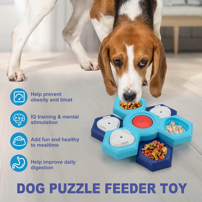 Blue 4-layer slow feeder puzzle dog bowl for mental stimulation and digestion