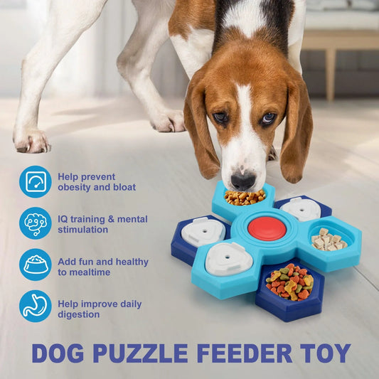 Blue 4-layer slow feeder puzzle dog bowl for mental stimulation and digestion