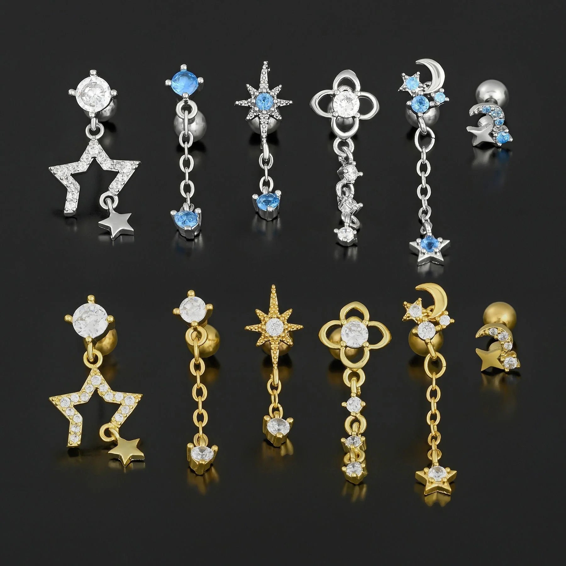 Stylish Star Moon Cubic Zirconia Cartilage Earring in gold and white