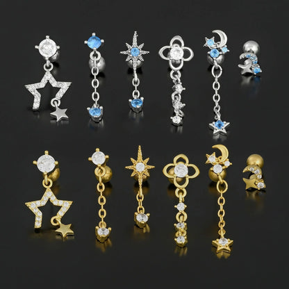 Stylish Star Moon Cubic Zirconia Cartilage Earring in gold and white