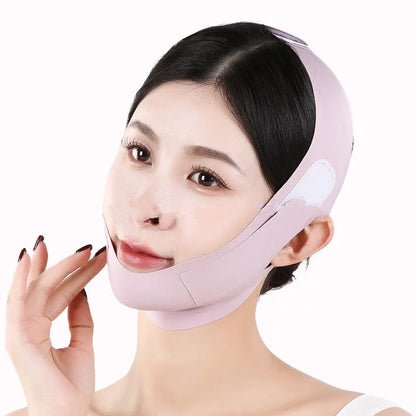Green and purple breathable fabric V face shaping mask for lifting and tightening.