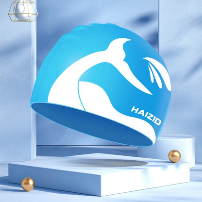 Silicone swim cap with whale tail pattern and waterproof ear protectors in various colours