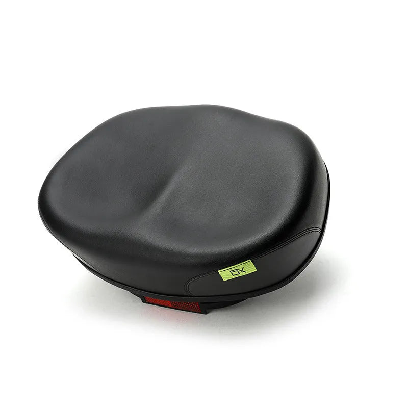 Thickened red mountain bike saddle with reflective details and shock absorber.
