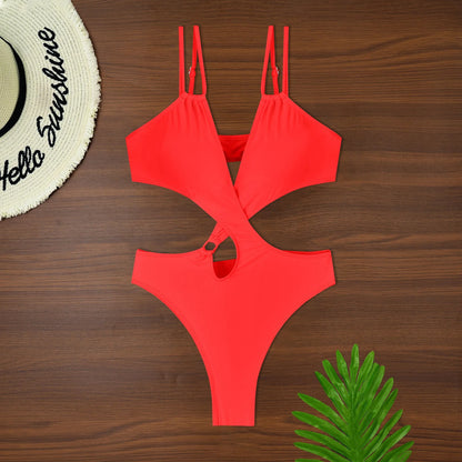 Women's one-piece triangle swimsuit bikini in a solid colour with a backless design.