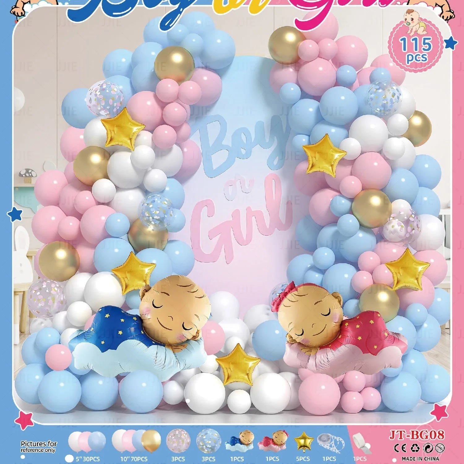 Baby gender reveal balloon decoration suit with metallic aluminium film balloons in pink and blue