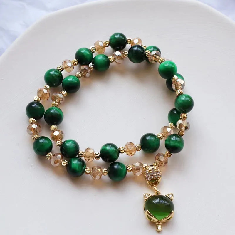 Handcrafted Tigereye stone bracelet with choice of single or double chain in green or rose red colours