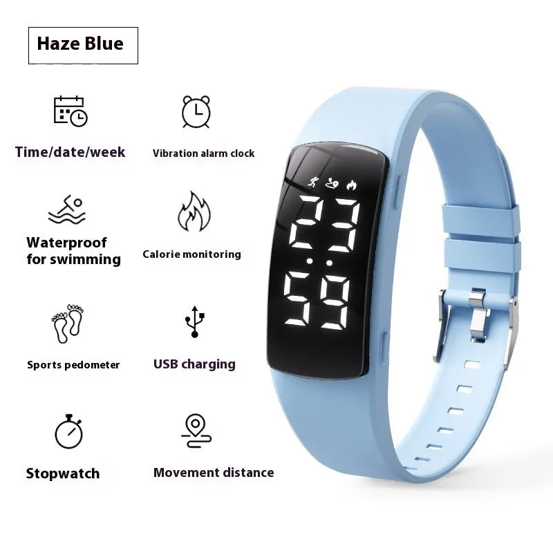 Smart electronic watch with vibration alarm on a silicone strap, showing LED display and 11mm thick case.