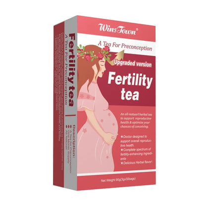 Box of Fertility Tea containing three packs of thirty herbal tea bags each.