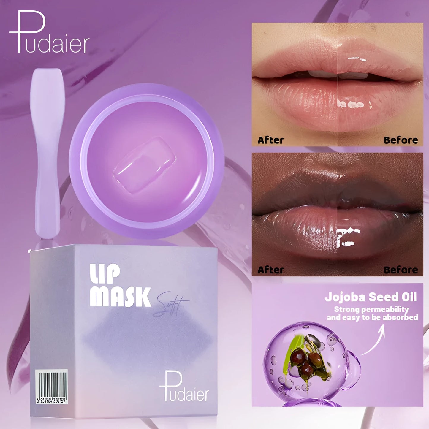 Exfoliating lip balm treatment box showing 10ml lip film and a metal lip scraper tool