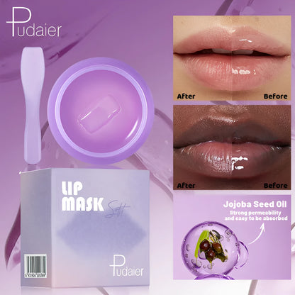 Exfoliating lip balm treatment box showing 10ml lip film and a metal lip scraper tool