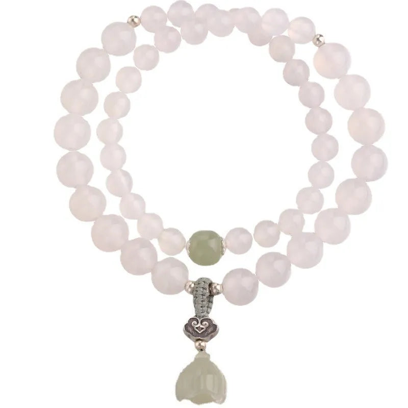 Women's S925 sterling silver bracelet with White Agate and Hetian Jade beads in a geometric national style design.