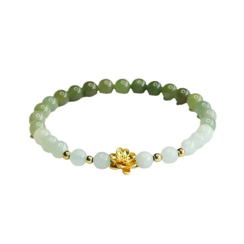 Hand-woven Hetian jade bracelet with sunshine water gradient colour and 6mm flower beads.