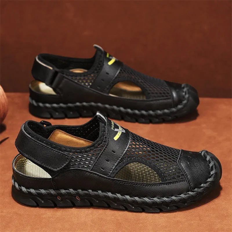 Men's brown leather mesh hollow shoes with elastic band and round toe design