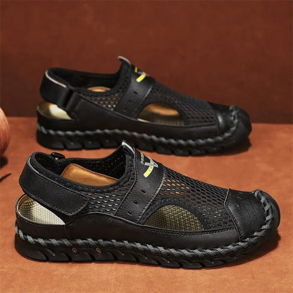 Men's brown leather mesh hollow shoes with elastic band and round toe design