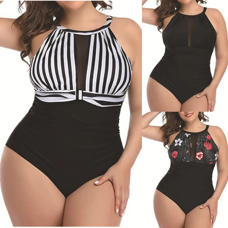 Women's black one-piece swimsuit with lace trim on display, showing front design and fabric detail.