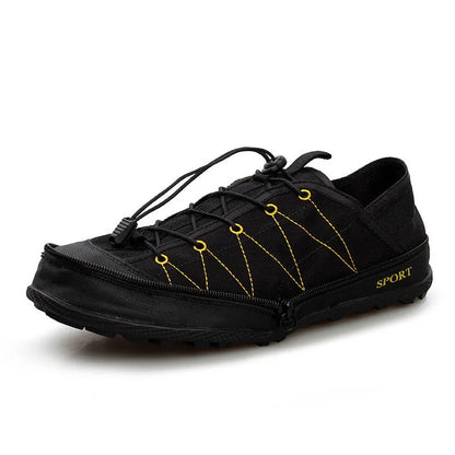 Portable folding outdoor hiking shoes in orange with side zipper closure, shown flat and folded