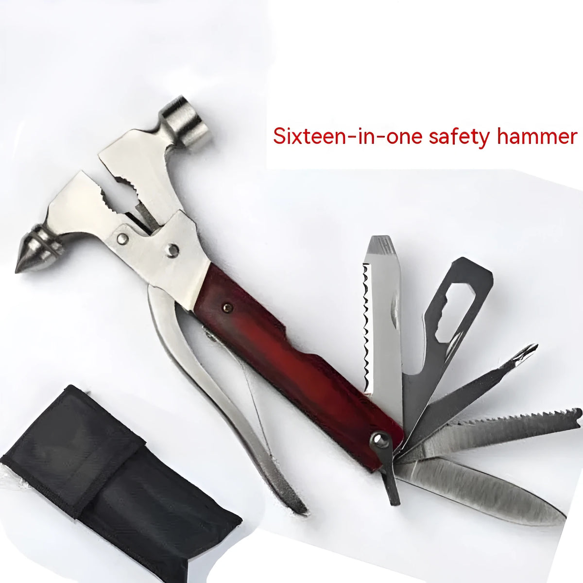 Solid steel 16-in-1 multi-function car safety hammer with window breaker, shown with its Oxford fabric storage pouch.