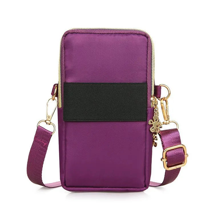 Nylon small crossbody shoulder bag with 3-layer zipper, card slot, square vertical shape, letter pattern, in red, dark blue, black or dark purple.