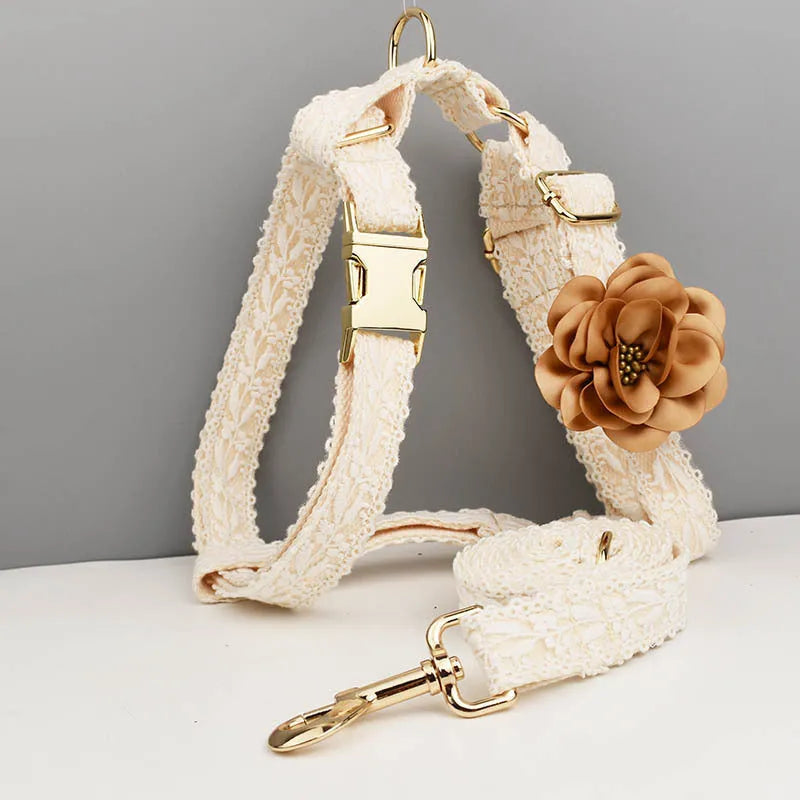Polyester dog wedding vest collar and leash set with decorative flower and circle band in four size options
