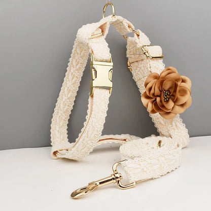 Polyester dog wedding vest collar and leash set with decorative flower and circle band in four size options