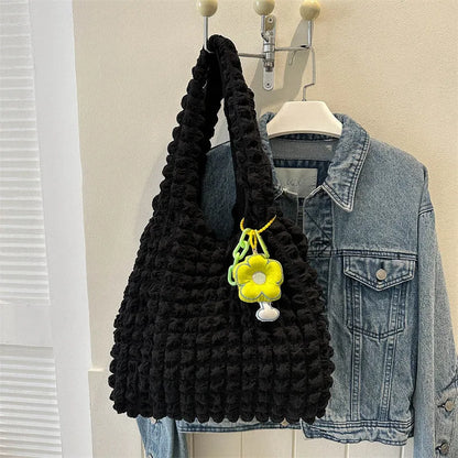 Pleated bubble shoulder bag in square vertical design with pendant accessory in various colour options